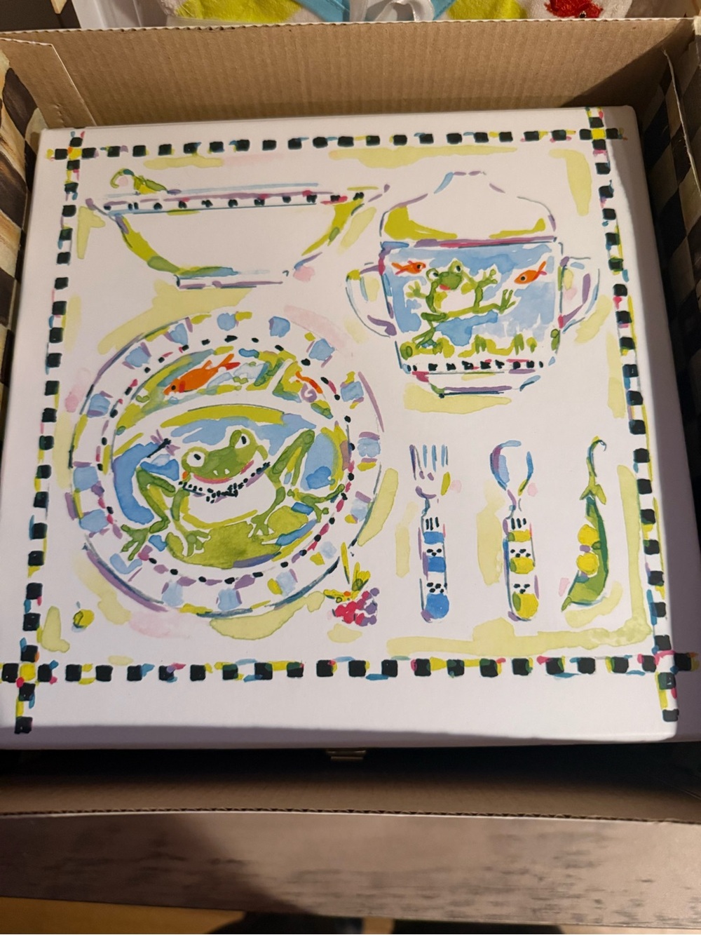 MacKenzie-Childs Frog Dinnerware Box - White, Green, Blue, Yellow with Bib